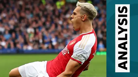 Leandro Trossard celebrates a goal against Everton