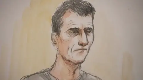 Helen Tipper/BBC Court sketch of Paul Russell at Liverpool Magistrates Court