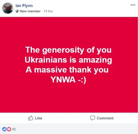Ian Flynn Facebook post thinking Ukrainians for their generosity