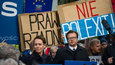 Getty Images Protesters in September 2021 back an independent judiciary and oppose Polexit