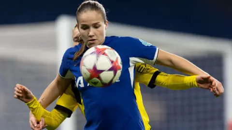 Chelsea's Guro Reiten controls the ball under pressure in the Women's Champions League group-stage game against Hacken at Stamford Bridge