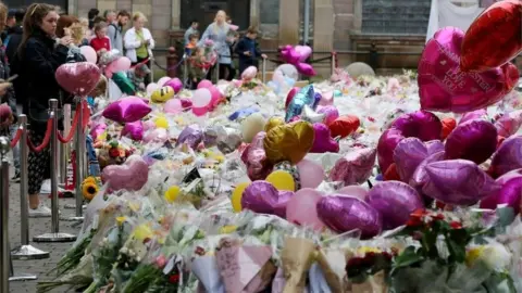 EPS Balloons and flowers at a makeshift memorial at St Ann"s Square, Manchester