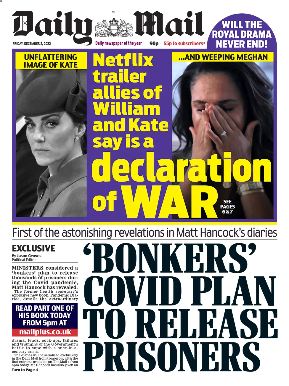 The main headline on the front page of the Daily Mail reads 'Bonkers Covid plan to release prisoners'