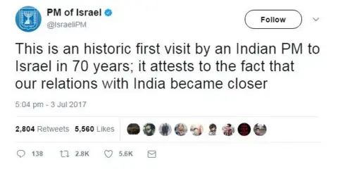 Twitter/@IsraeliPM This is an historic first visit b an Indian PM to Israel in 70 years; it attests to the fact that our relations with India became closer