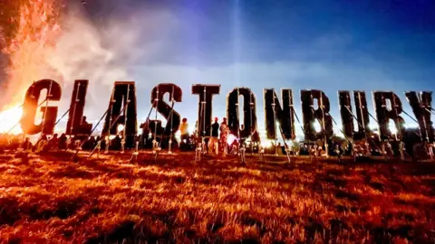 Getty Images Illuminated Glastonbury Festival sign