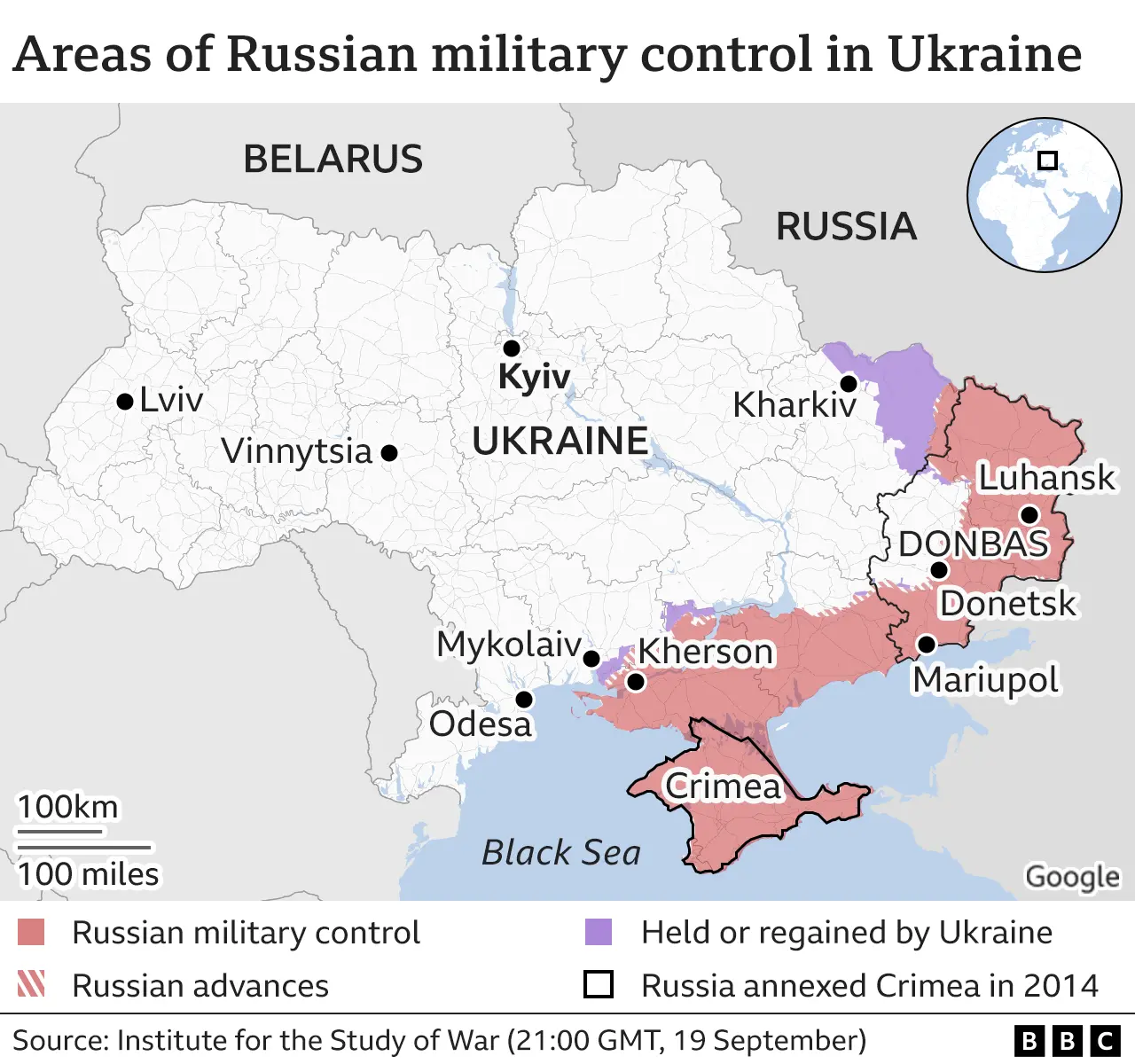 A map showing areas of Russian military control in Ukraine