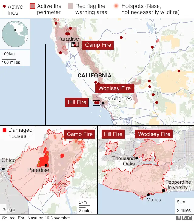 California fires map 19/11/2018