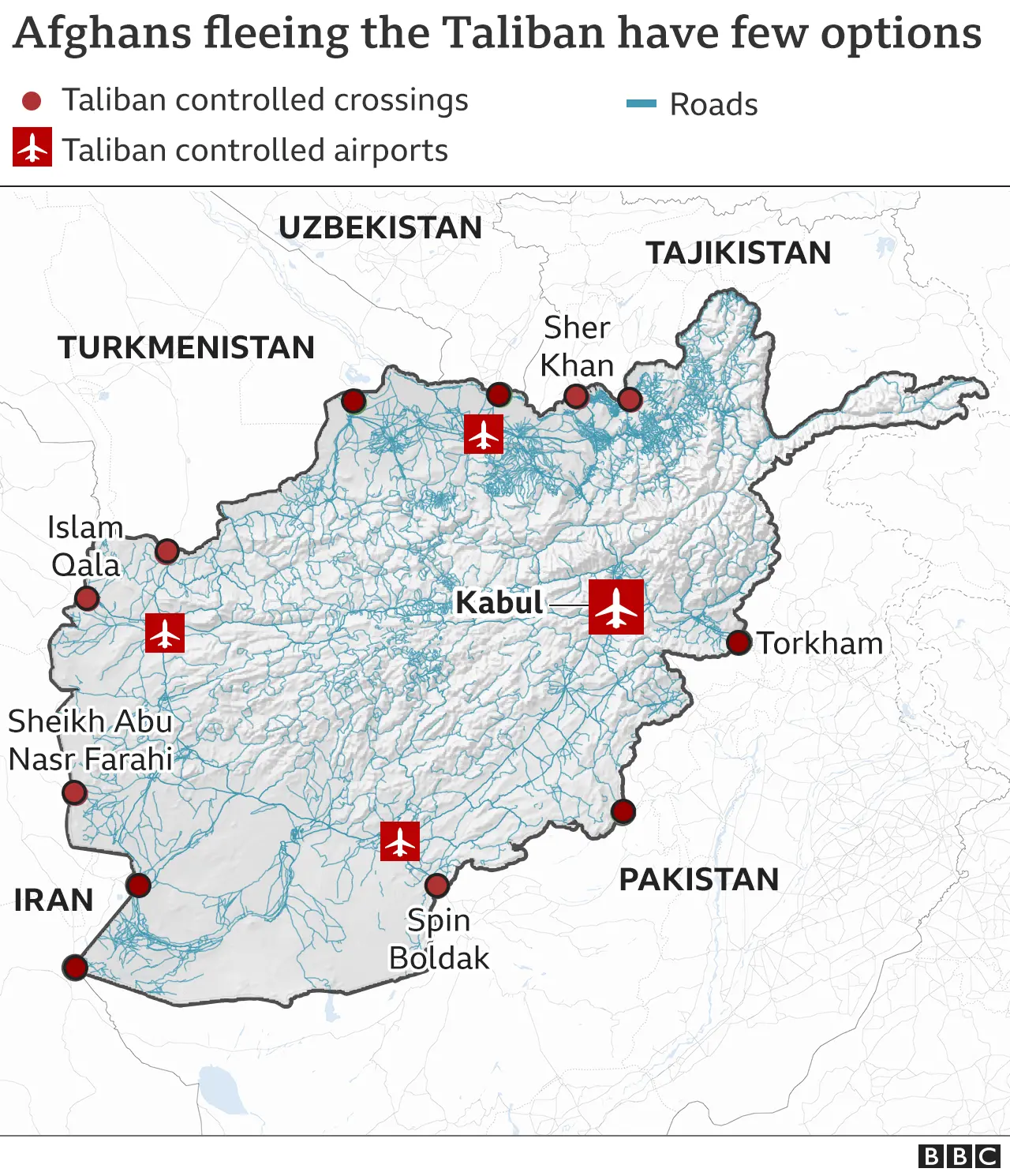 Map of Afghanistan and surrounding countries showing the main border crossings