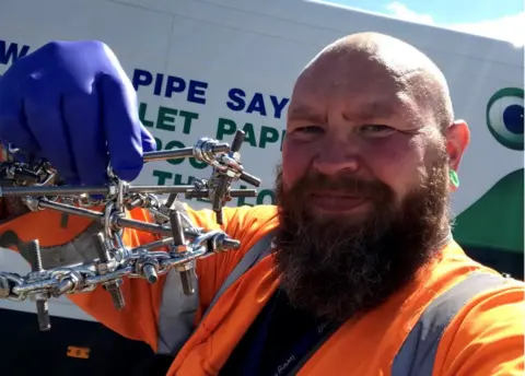 Northumbrian Water Steve Green and his "Barbarian" wipes buster tool