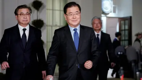 Getty Images South Korean National Security Adviser Chung Eui-yong (centre) made the announcement at the White House