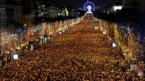 AFP Thousands of people stand on the long avenue in central Paris as far as the ye can see, with a distant Ferris wheel in the background