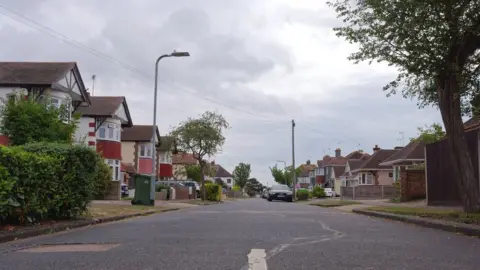 Henry Drive shot from the middle of the road. The houses are large and the street is lined with trees