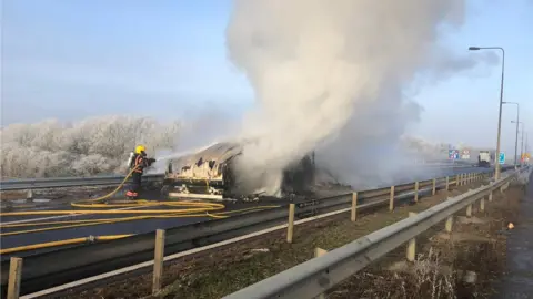 Cambridgeshire Fire and Rescue Lorry fire on M11