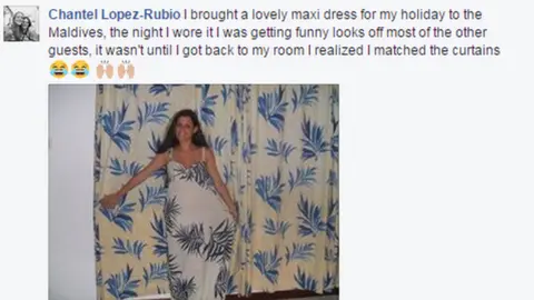 Chantel Lopez-Rubio/Facebook Chantel Lopez-Rubio wearing a dress that matched her hotel room curtains