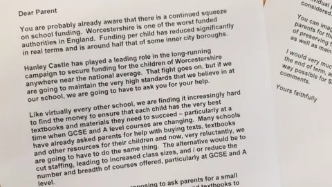 BBC Letter from Hanley Castle High School asking parents for voluntary donations