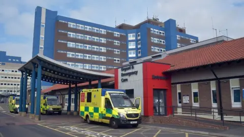 BBC Ambulances outside A&E at the University Hospital of North Tees