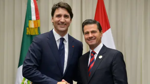Handout via Reuters Canada's Prime Minister Justin Trudeau shakes hands with Mexico's President Enrique Pena Nieto