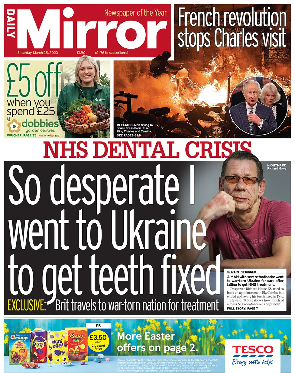 The Mirror front page, 25/03/2023