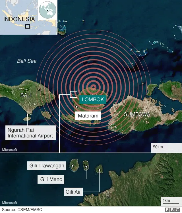 Map of Indonesia showing location of Lombok and Bali in Indonesia, as well as the location of the earthquake on the north coast of Lombok