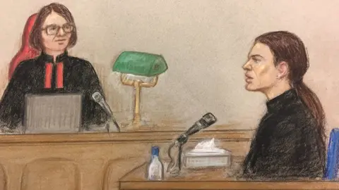Julia Quenzler Court drawing shows Mrs Justice Steyn listening to Rebekah Vardy in witness dock (stand)