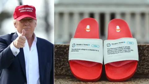 Getty/President flip flops Trump wearing MAGA hat on left, and two tweets showing contradictory stance on anonymous sources