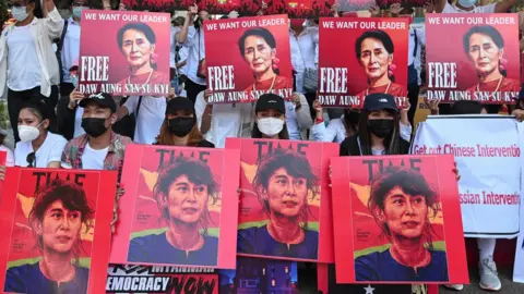 Reuters Protesters are demanding the release of Aung San Suu Kyi after the elected leader was detained in a coup