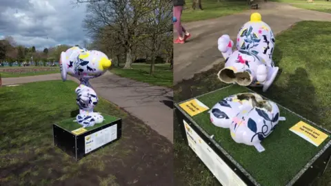 Dogs Trust Snoopy sculpture before it was destroyed and after being snapped off