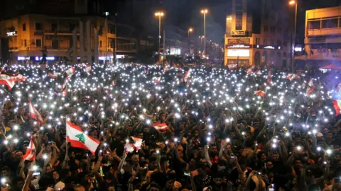 Reuters Anti-government protesters at al-Nour Square in Tripoli, Lebanon (20 October 2019)