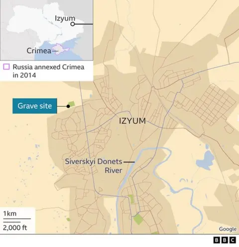 A map showing the burial site in Izyum