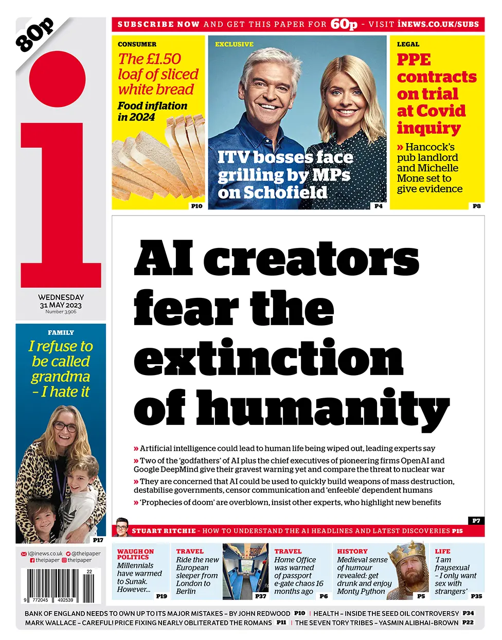 The headline in the i reads: "AI creators fear the extinction of humanity"