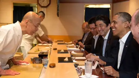 White House/Pete Souza Shinzo Abe and Barack Obama in a sushi restaurant