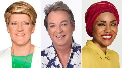 BBC/Steve Ullathorne/Hodder Clare Balding, Julian Clary and Nadiya Hussain