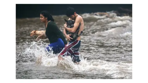 Mario Tama/Getty Images Hawaii residents carry dogs through flood waters.