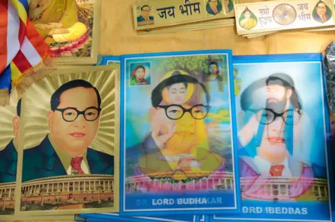 Merchandise on Dr BR Ambedkar being sold at the rally in Delhi.