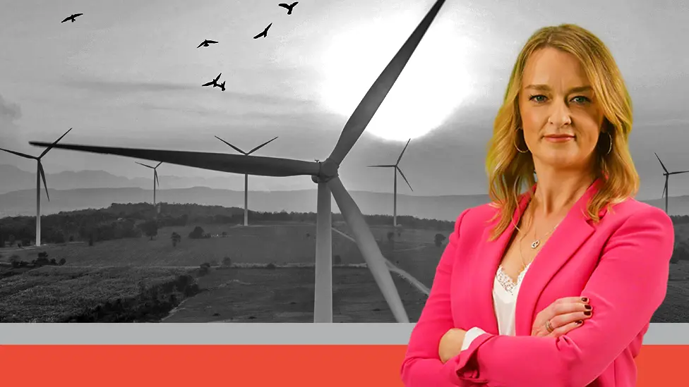 BBC Composite image of Laura Kuenssberg and a wind turbine