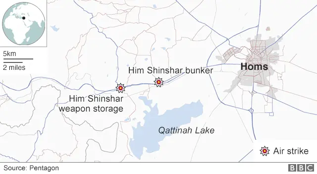 Map showing city of Homs and location of two confirmed air strikes