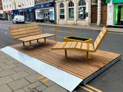 BBC One of two parklets in Mercer Row, Louth, before they were taken away
