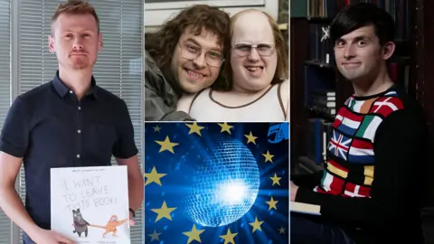 WatAdventure/BBC/Channel 4 Clockwise from left: Richard David Lawman with I Want To Leave This Book, David Walliams and Matt Lucas as Little Britain's Lou and Andy, Kieran Hodgson and artwork for The Hustle