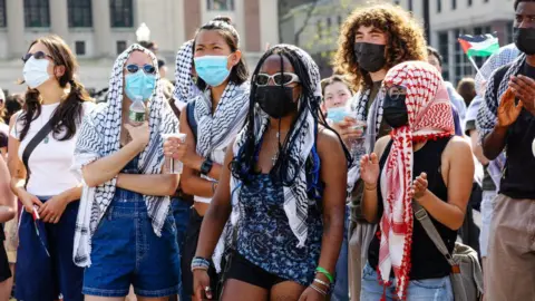 Pro-Palestinian demonstrators at Columbia University on 29 April 2024