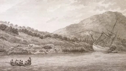 An illustration of the HMS Endeavour laid on shore