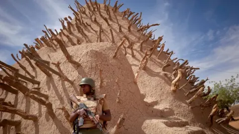 Getty Images A soldier of the Malian army patrols the archaeological site of the Tomb of Askia in Gao on March 10, 2020.