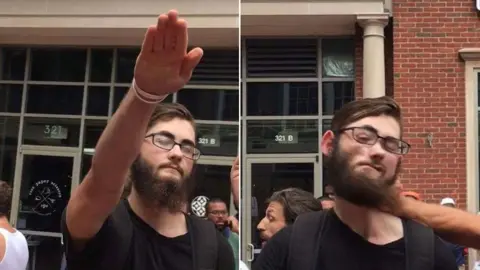 Reuters A composite photo showing a white supremacist being punched after giving a Nazi salute