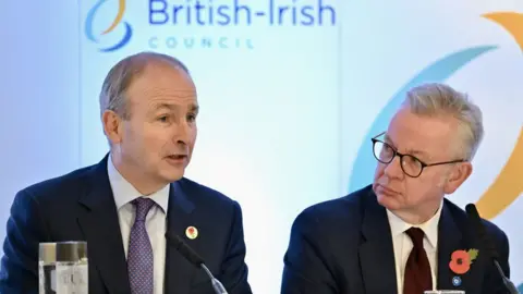 Dave Nelson Taoiseach Micheal Martin and Michael Gove during a press conference at the 38th British-Irish Council Summit