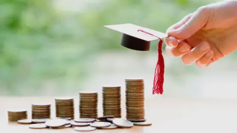 Getty Images A pile of money and a graduate har