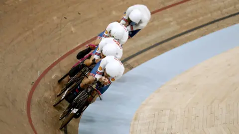 PA Media Team Great Britain in action in the Men's Elite Team Pursuit Qualification during day one of the 2023 UCI Cycling World Championships