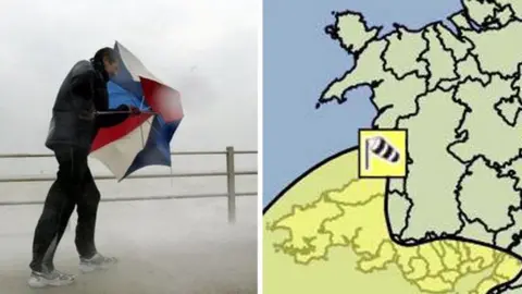 PA/MET OFFICE  A man with an umbrella in the wind with a weather map