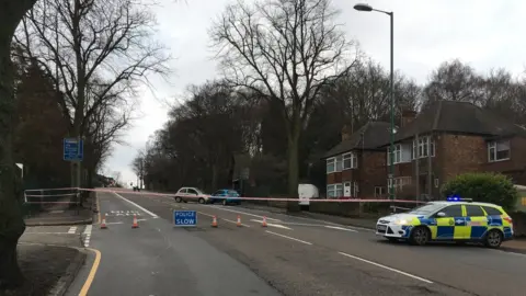 BBC The road closure on Hucknall Road in Sherwood, Nottingham
