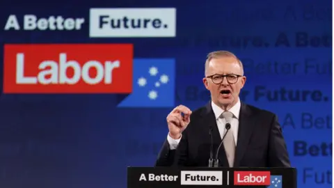 Getty Images Labor leader Anthony Albanese speaks and gestures during the party's campaign launch in Perth