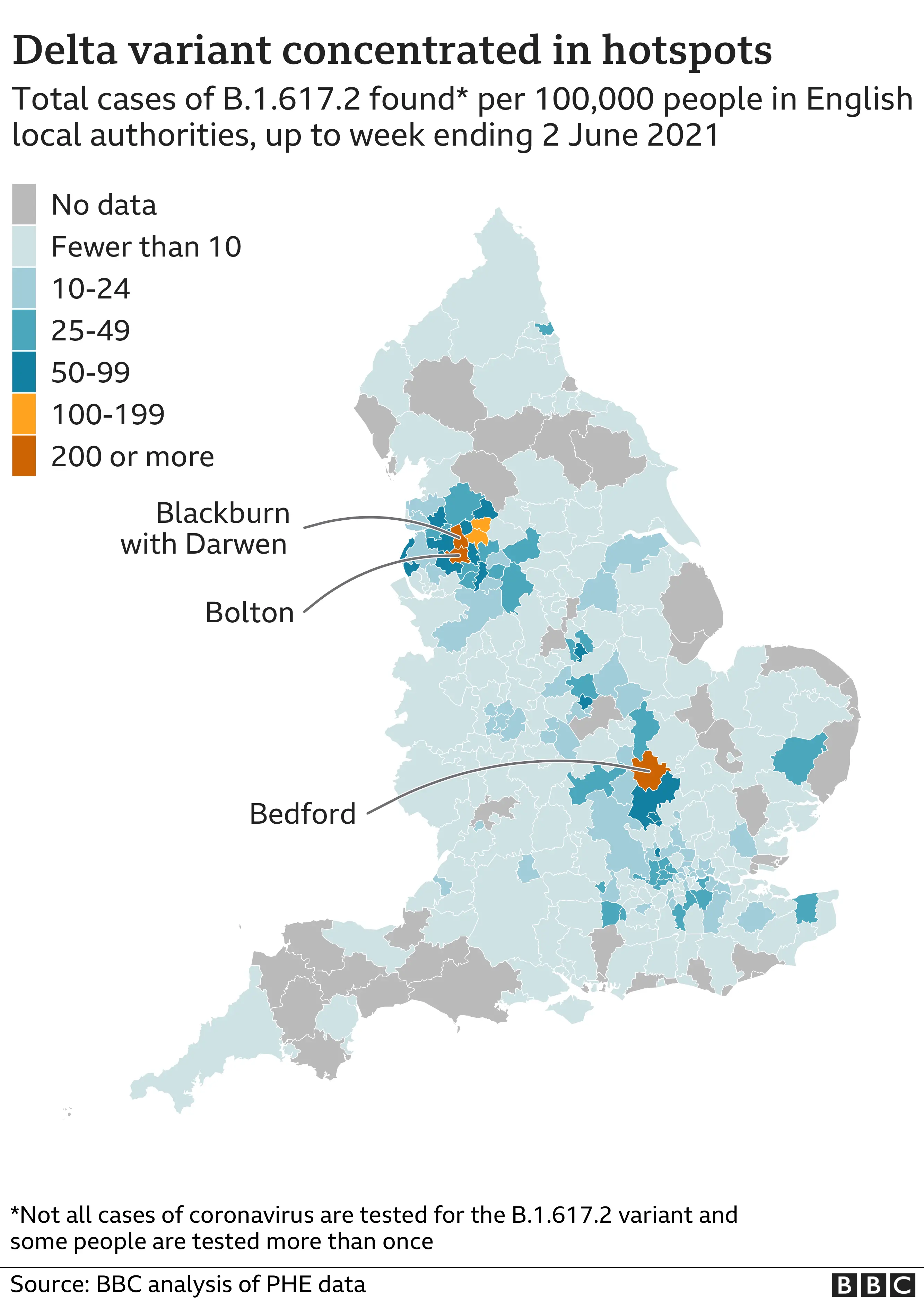 Map of England showing where Delta variant is most widespread