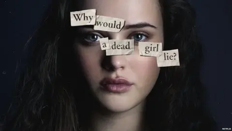 Netflix Katherine Langford is pictured in the role of protagonist Hannah Baker. Her poster image with 'why would a dead girl lie' over her face